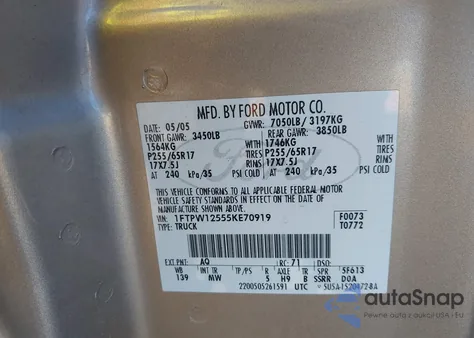 2005 Ford F-150 Lariat/Xlt из США, поврежденный, VIN 1FTPW12555KE70919